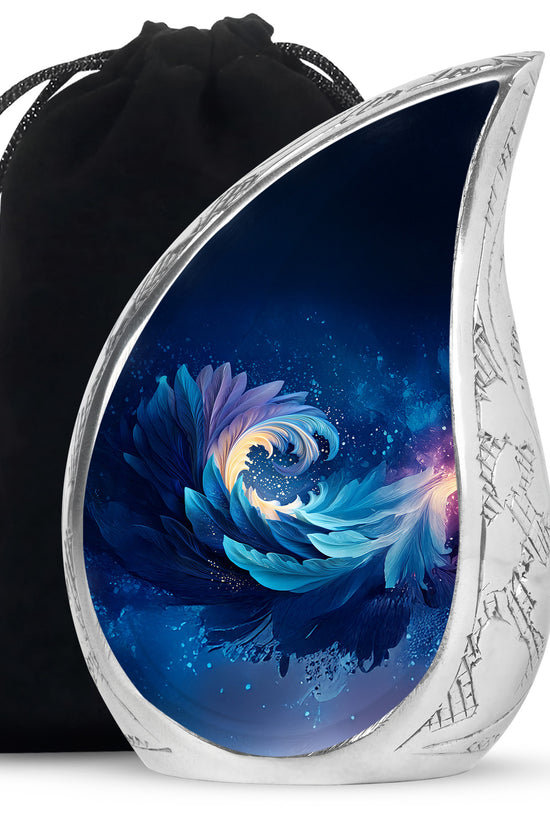 Azure Blue Cremation Urn front view showing detailed design - rounded teardrop blue design with delicate detail - full-size 10 inch 200 cubic inch adult cremation urn