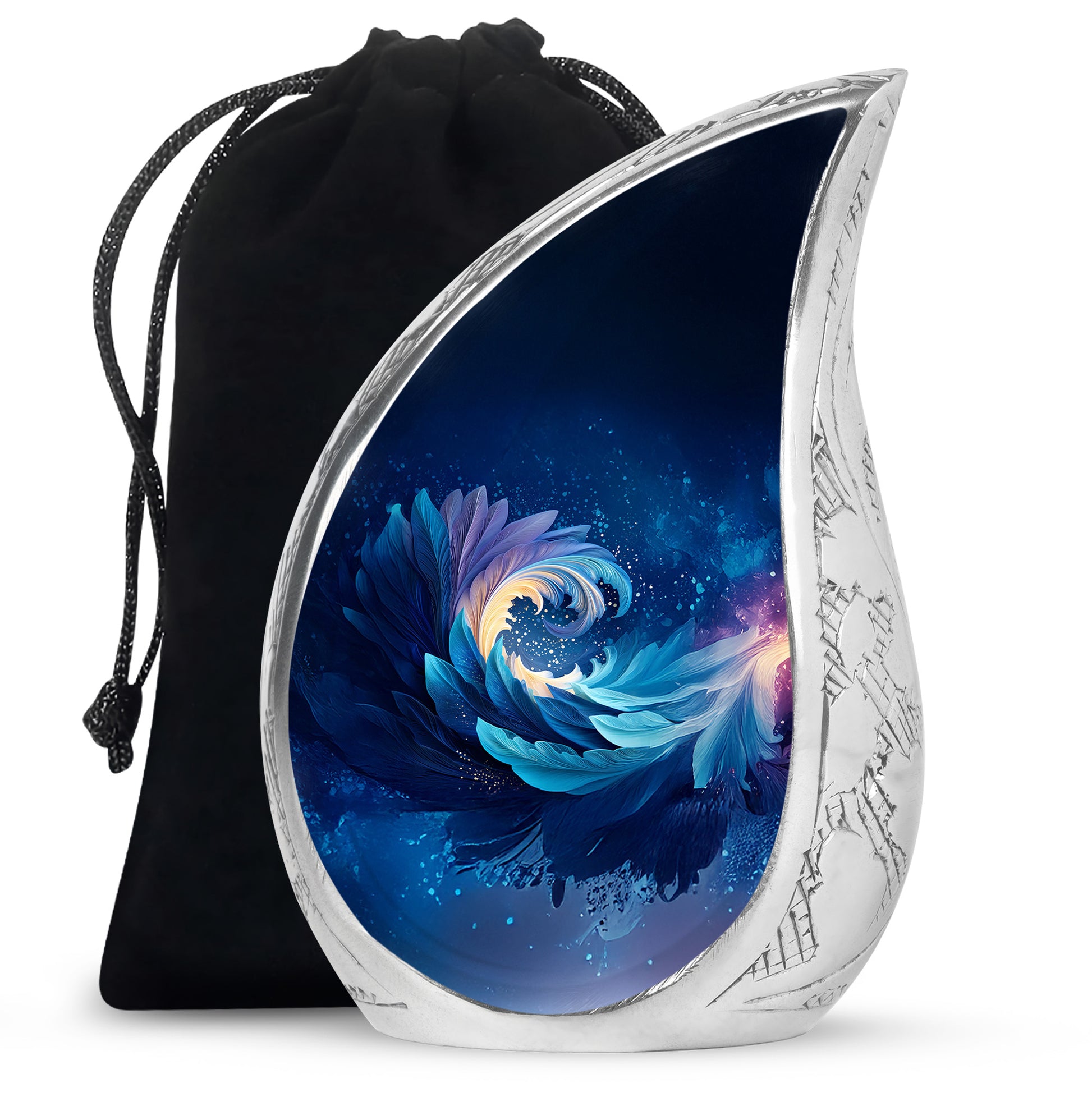 Azure Blue Cremation Urn front view showing detailed design - rounded teardrop blue design with delicate detail - full-size 10 inch 200 cubic inch adult cremation urn
