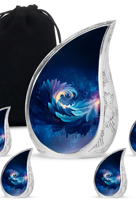 Cornflower Blue Blue Cremation Urn side profile showing urn shape - graceful tear-shaped urn with blue motif - memorial set with one large and four small urns