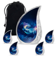 Cornflower Blue Blue Cremation Urn side profile showing urn shape - graceful tear-shaped urn with blue motif - memorial set with one large and four small urns