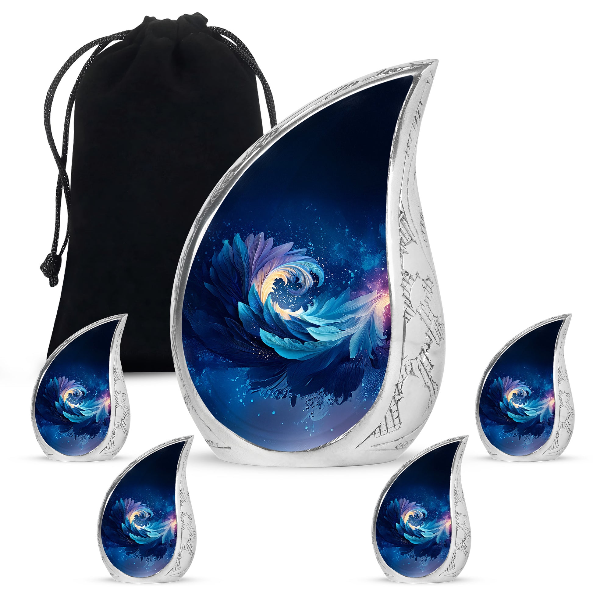 Cornflower Blue Blue Cremation Urn side profile showing urn shape - graceful tear-shaped urn with blue motif - memorial set with one large and four small urns