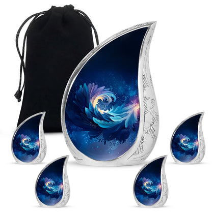 Cornflower Blue Blue Cremation Urn side profile showing urn shape - graceful tear-shaped urn with blue motif - memorial set with one large and four small urns
