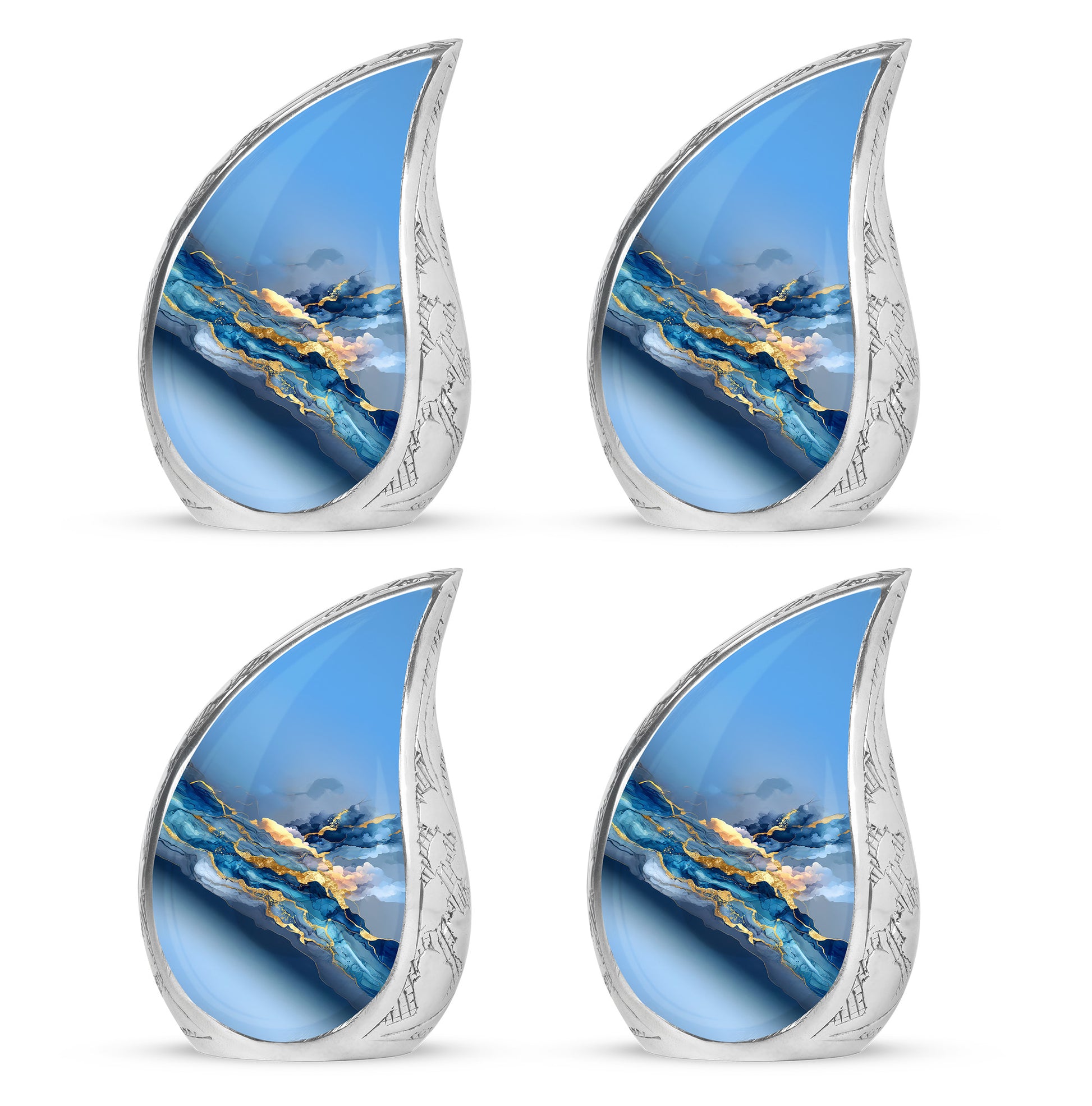 Soft Blue Blue Cremation Urn close-up of engraving and surface detail - smooth teardrop contour featuring blue art - 10 inch aluminum urn for cremated remains