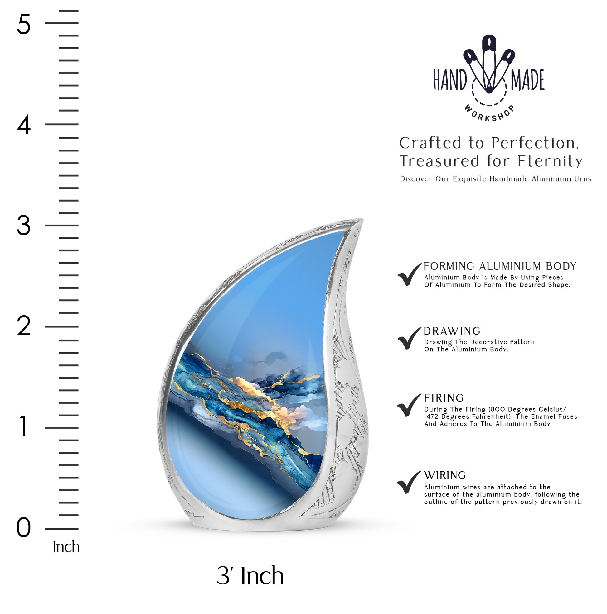 Serene Blue Blue Cremation Urn angled view of lid and engraved motif - smooth teardrop contour featuring blue art - mini keepsake memorial for portion of cremation ashes