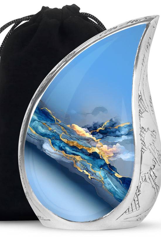 Calming Blue Blue Cremation Urn front view showing detailed design - graceful tear-shaped urn with blue motif - full-size 10 inch 200 cubic inch adult cremation urn