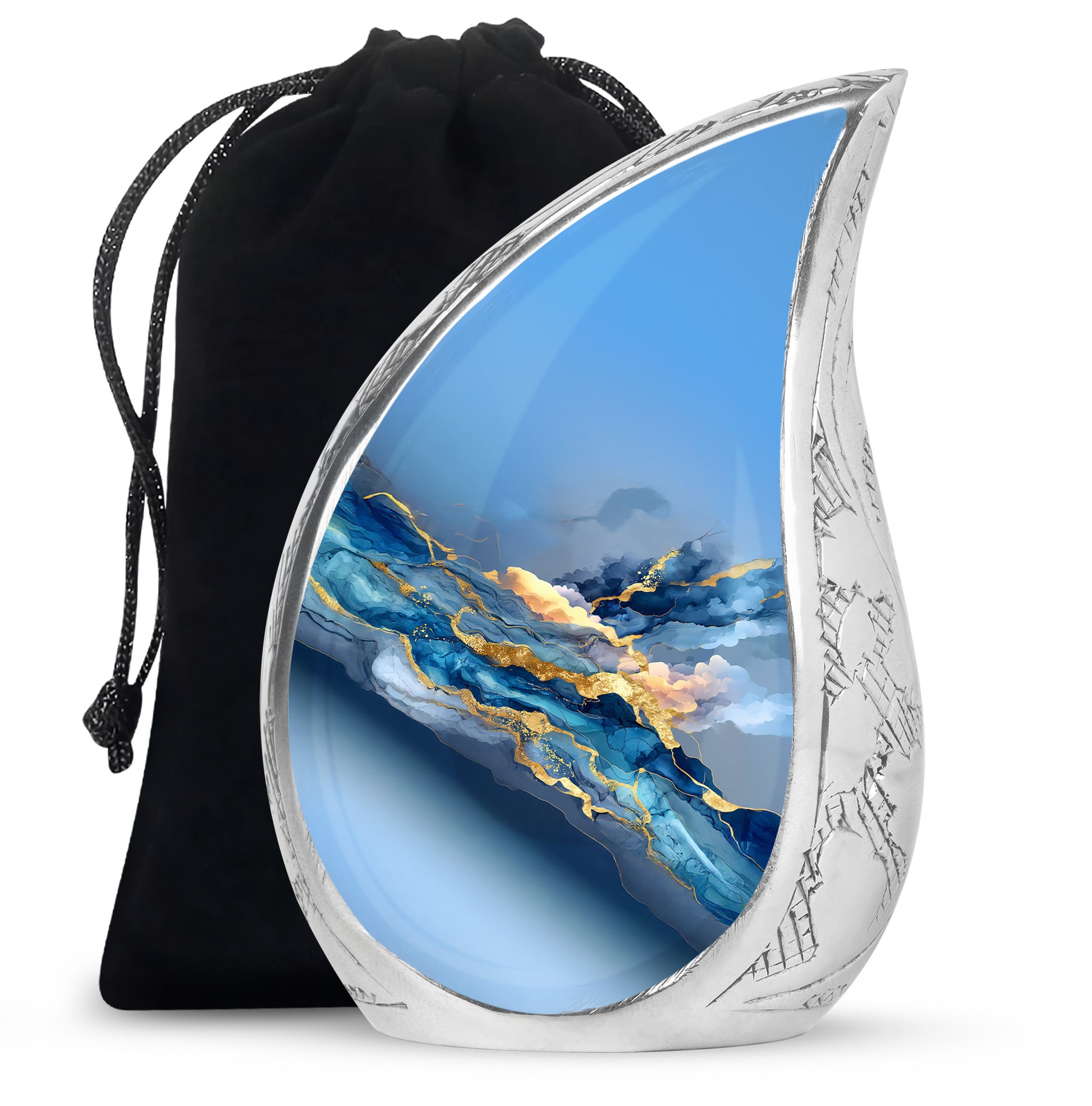 Calming Blue Blue Cremation Urn front view showing detailed design - graceful tear-shaped urn with blue motif - full-size 10 inch 200 cubic inch adult cremation urn