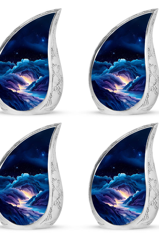 Azure Blue Cremation Urn close-up of engraving and surface detail - rounded teardrop blue design with delicate detail - 10 inch aluminum urn for cremated remains