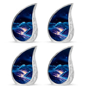 Azure Blue Cremation Urn close-up of engraving and surface detail - rounded teardrop blue design with delicate detail - 10 inch aluminum urn for cremated remains