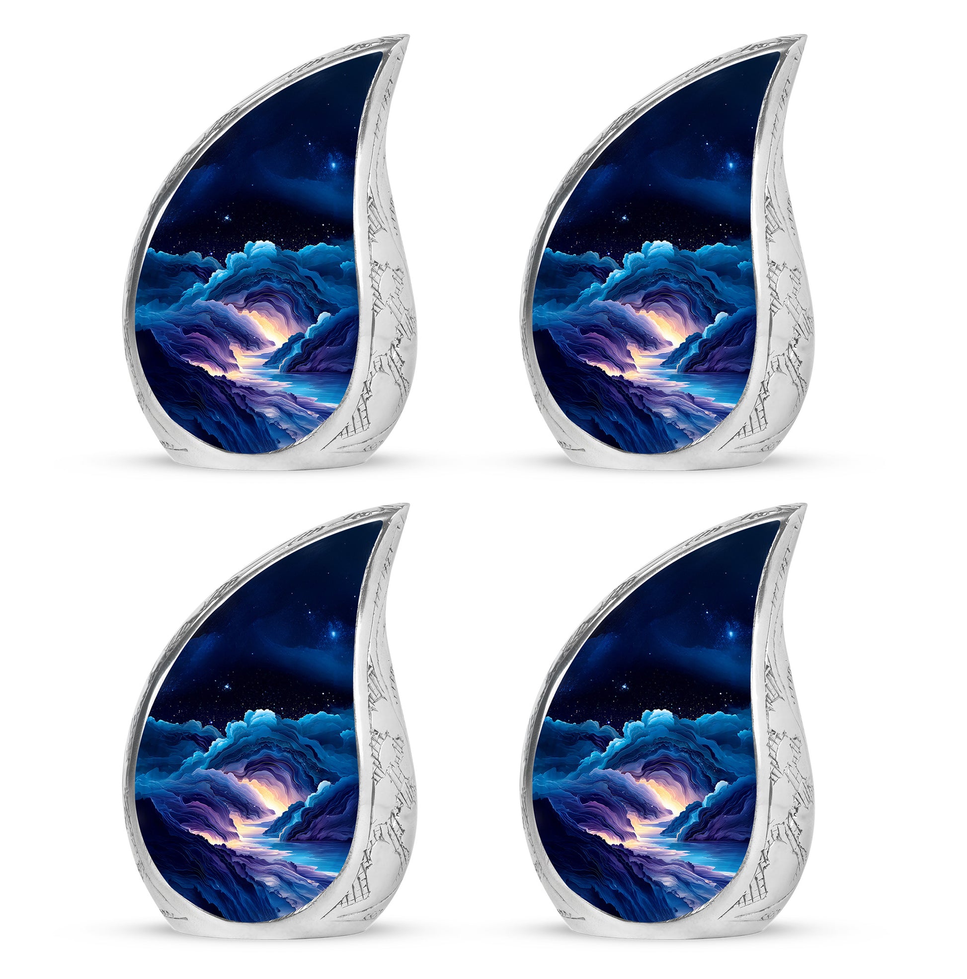 Azure Blue Cremation Urn close-up of engraving and surface detail - rounded teardrop blue design with delicate detail - 10 inch aluminum urn for cremated remains