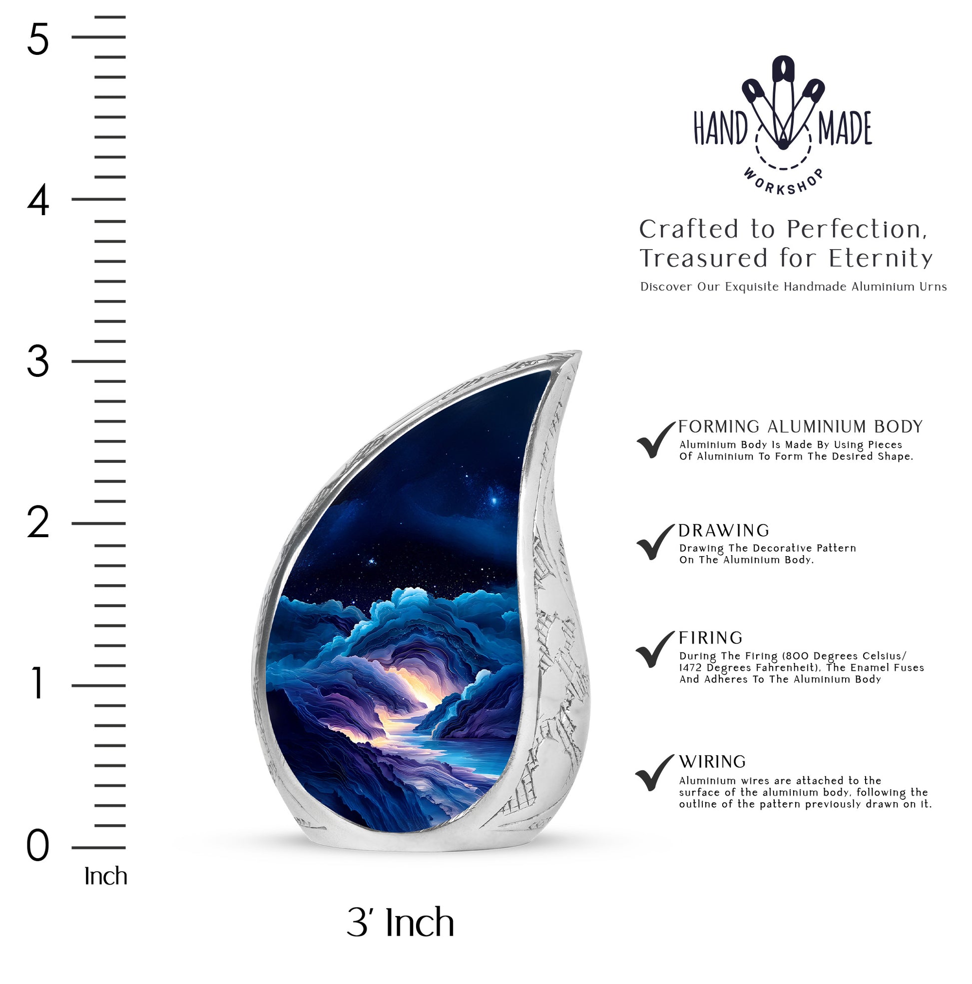 Cobalt Blue Blue Cremation Urn angled view of lid and engraved motif - graceful tear-shaped urn with blue motif - mini keepsake memorial for portion of cremation ashes