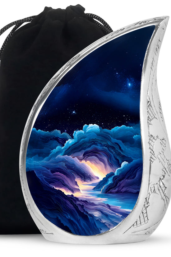 Powder Blue Blue Cremation Urn front view showing detailed design - rounded teardrop blue design with delicate detail - full-size 10 inch 200 cubic inch adult cremation urn