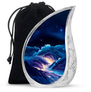 Powder Blue Blue Cremation Urn front view showing detailed design - rounded teardrop blue design with delicate detail - full-size 10 inch 200 cubic inch adult cremation urn