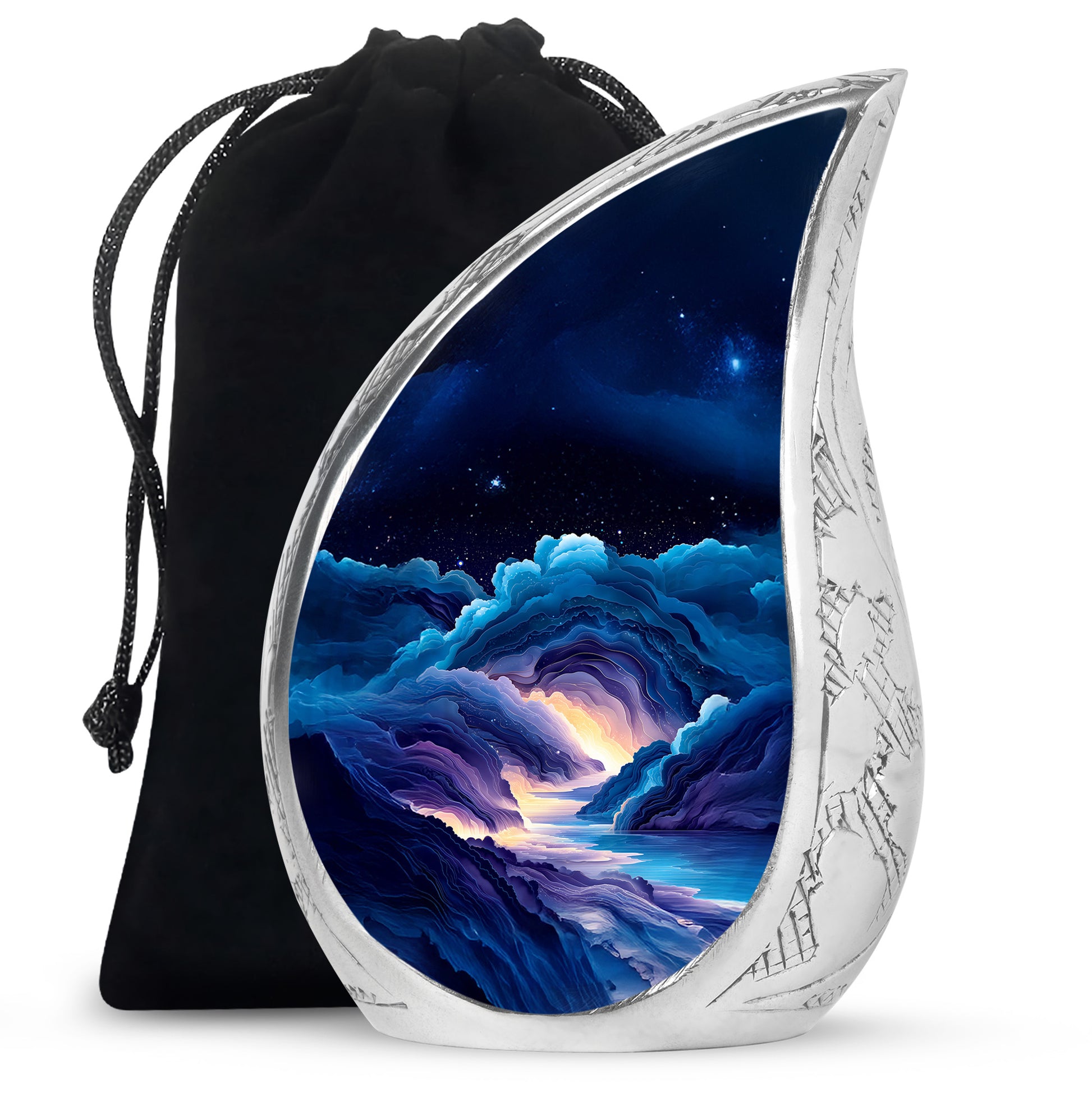 Powder Blue Blue Cremation Urn front view showing detailed design - rounded teardrop blue design with delicate detail - full-size 10 inch 200 cubic inch adult cremation urn