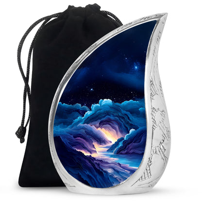 Powder Blue Blue Cremation Urn front view showing detailed design - rounded teardrop blue design with delicate detail - full-size 10 inch 200 cubic inch adult cremation urn