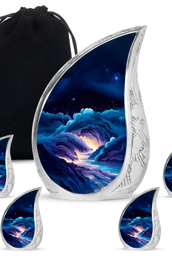 Steel Blue Blue Cremation Urn side profile showing urn shape - smooth teardrop contour featuring blue art - memorial set with one large and four small urns