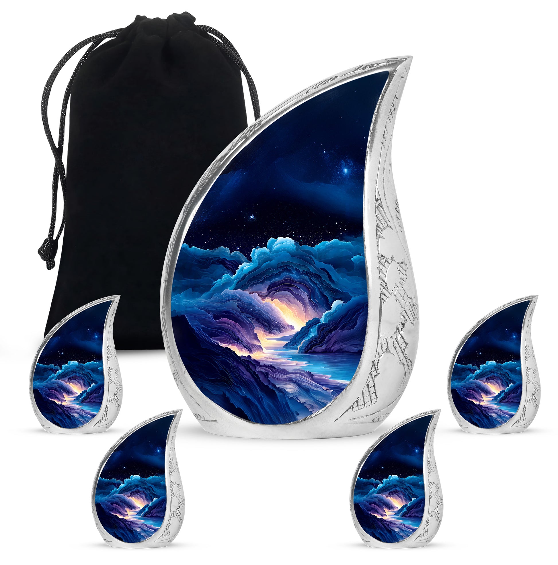Steel Blue Blue Cremation Urn side profile showing urn shape - smooth teardrop contour featuring blue art - memorial set with one large and four small urns