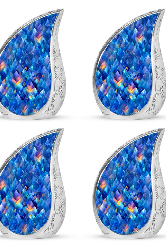 Cornflower Blue Blue Cremation Urn close-up of engraving and surface detail - graceful tear-shaped urn with blue motif - 10 inch aluminum urn for cremated remains