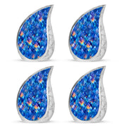 Cornflower Blue Blue Cremation Urn close-up of engraving and surface detail - graceful tear-shaped urn with blue motif - 10 inch aluminum urn for cremated remains