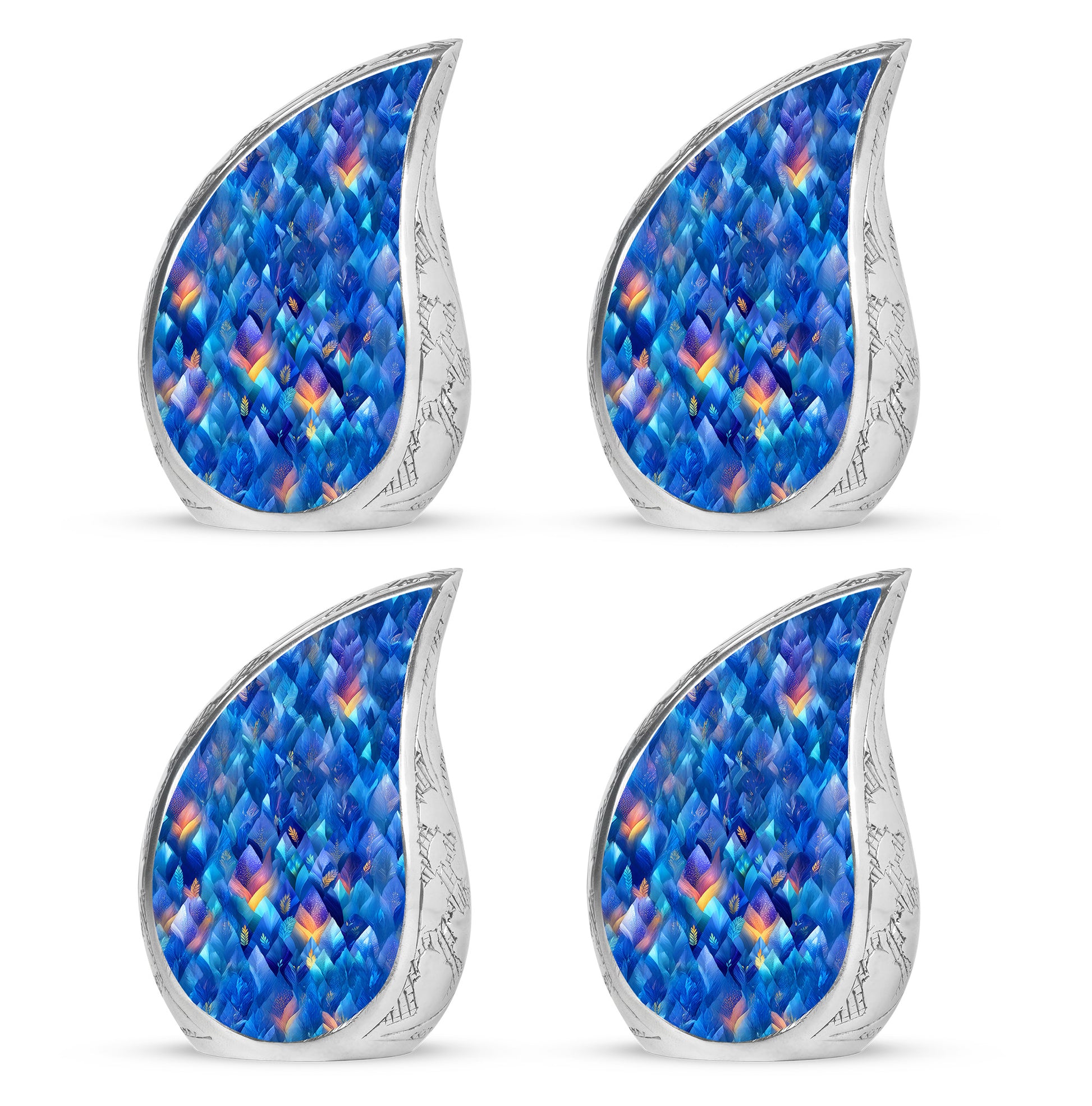 Cornflower Blue Blue Cremation Urn close-up of engraving and surface detail - graceful tear-shaped urn with blue motif - 10 inch aluminum urn for cremated remains