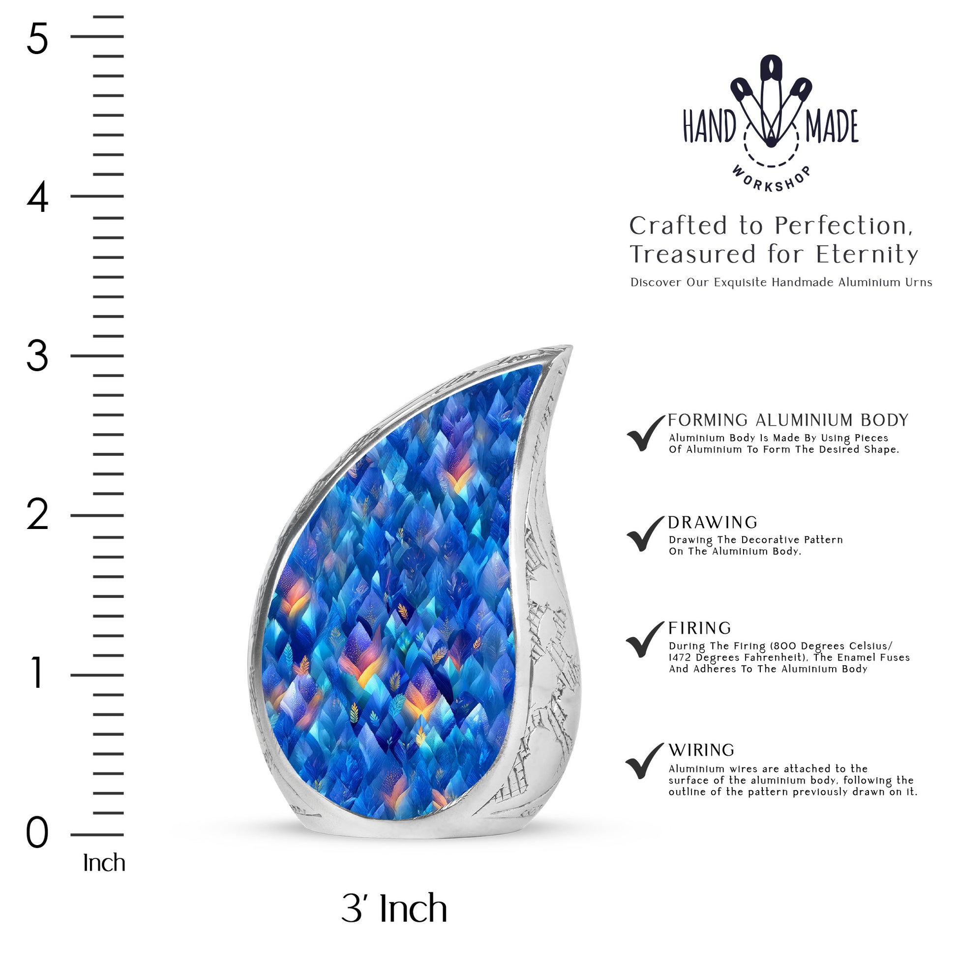 Slate Blue Blue Cremation Urn angled view of lid and engraved motif - flowing teardrop blue silhouette on curved aluminum - mini keepsake memorial for portion of cremation ashes