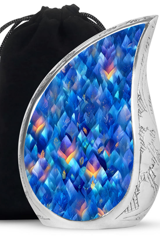 Slate Blue Blue Cremation Urn front view showing detailed design - rounded teardrop blue design with delicate detail - full-size 10 inch 200 cubic inch adult cremation urn