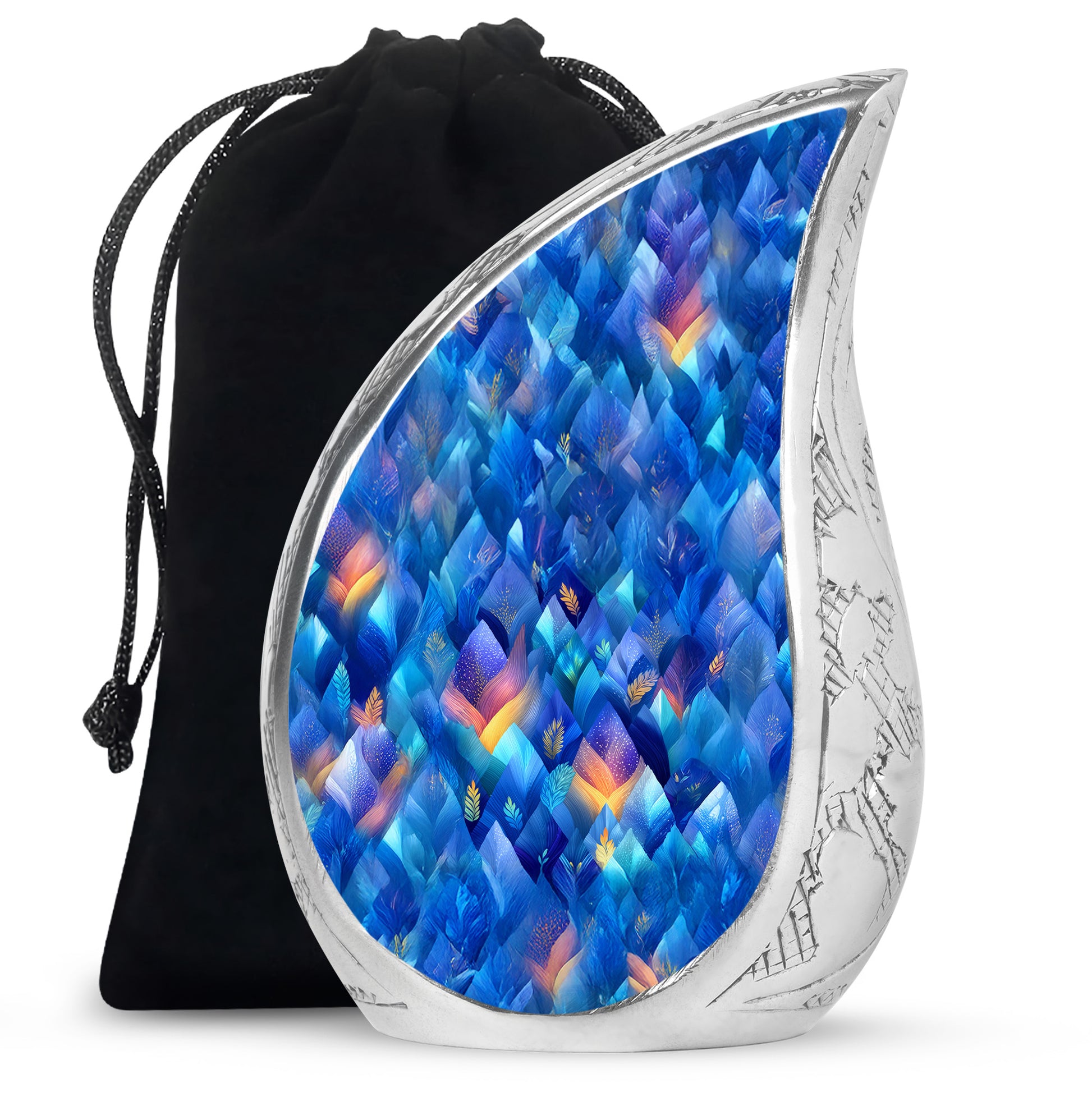 Slate Blue Blue Cremation Urn front view showing detailed design - rounded teardrop blue design with delicate detail - full-size 10 inch 200 cubic inch adult cremation urn