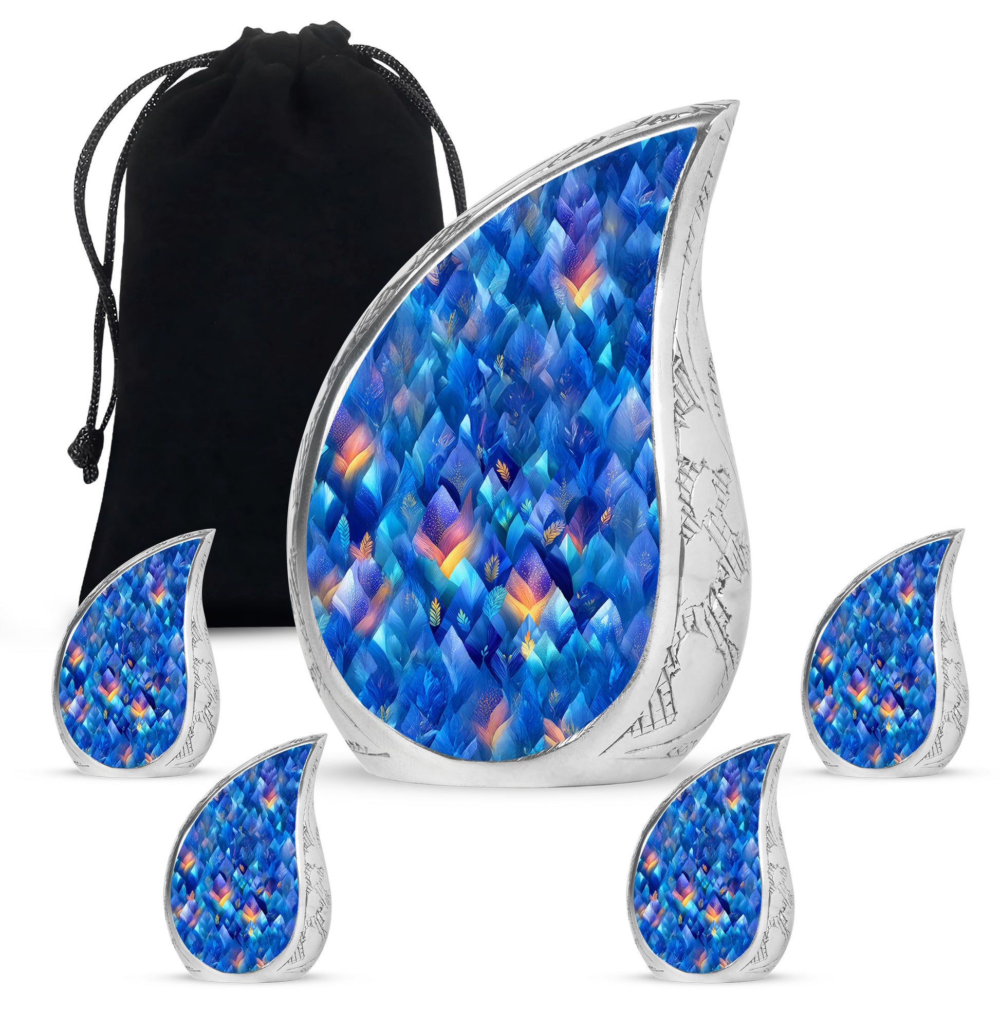 Slate Blue Blue Cremation Urn side profile showing urn shape - flowing teardrop blue silhouette on curved aluminum - memorial set with one large and four small urns