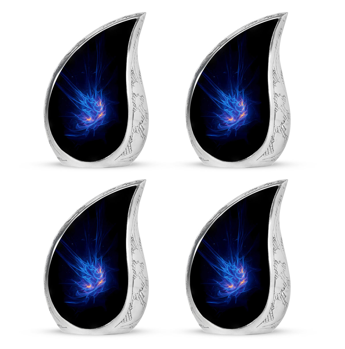 Bright Blue Blue Cremation Urn close-up of engraving and surface detail - smooth teardrop contour featuring blue art - 10 inch aluminum urn for cremated remains