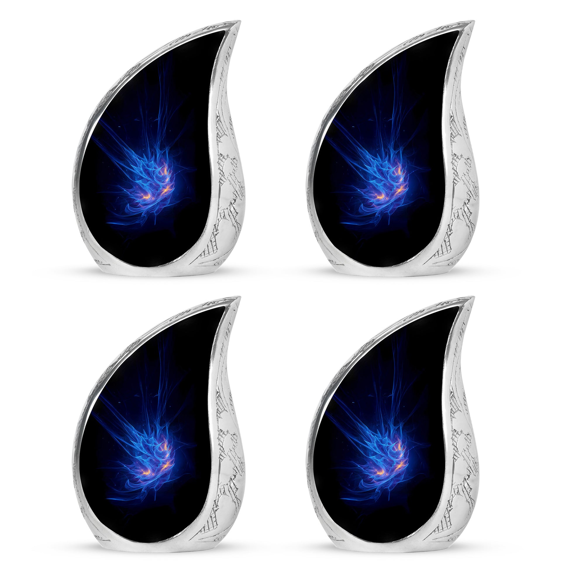 Bright Blue Blue Cremation Urn close-up of engraving and surface detail - smooth teardrop contour featuring blue art - 10 inch aluminum urn for cremated remains
