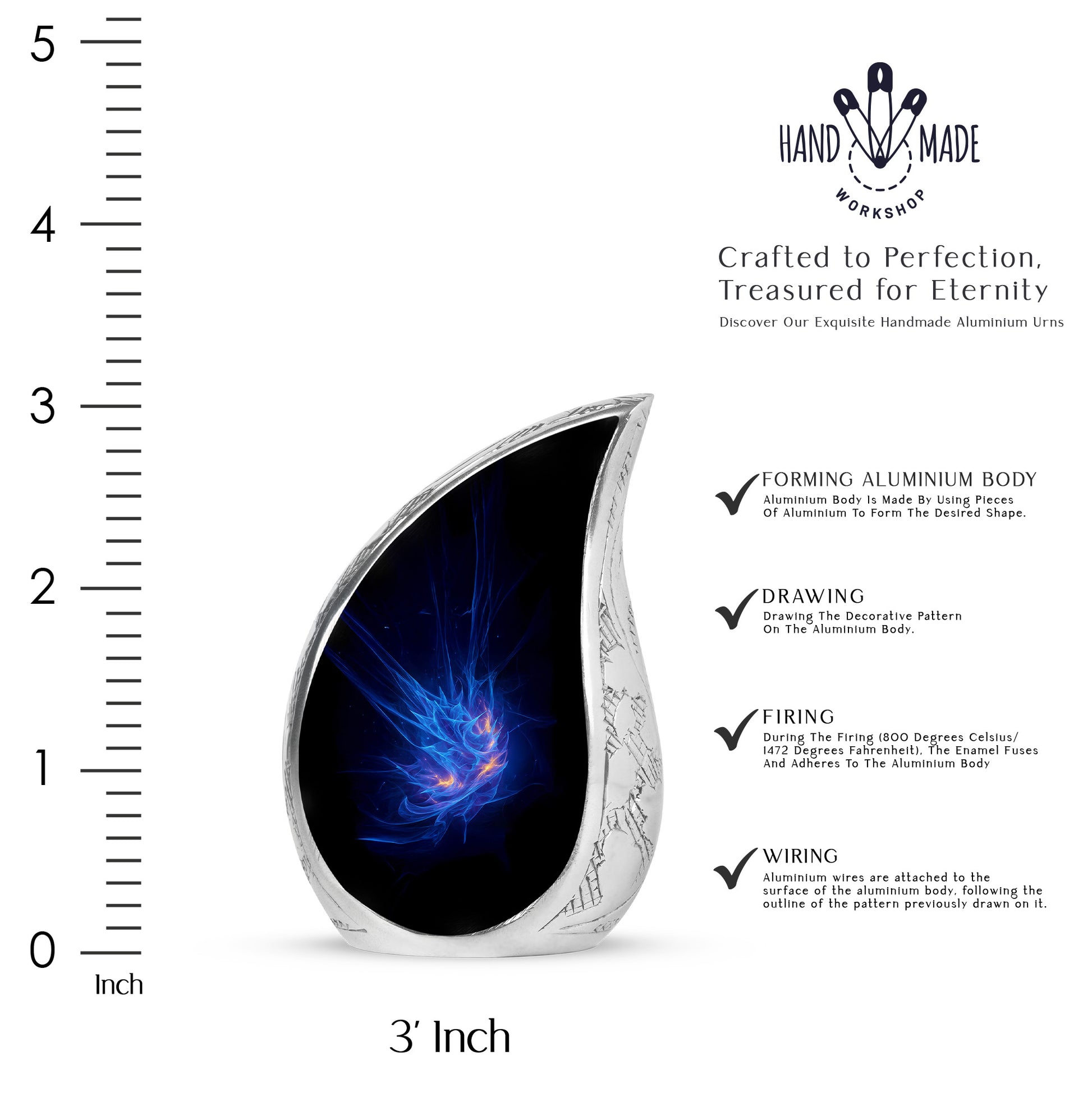 Soft Blue Blue Cremation Urn angled view of lid and engraved motif - graceful tear-shaped urn with blue motif - mini keepsake memorial for portion of cremation ashes