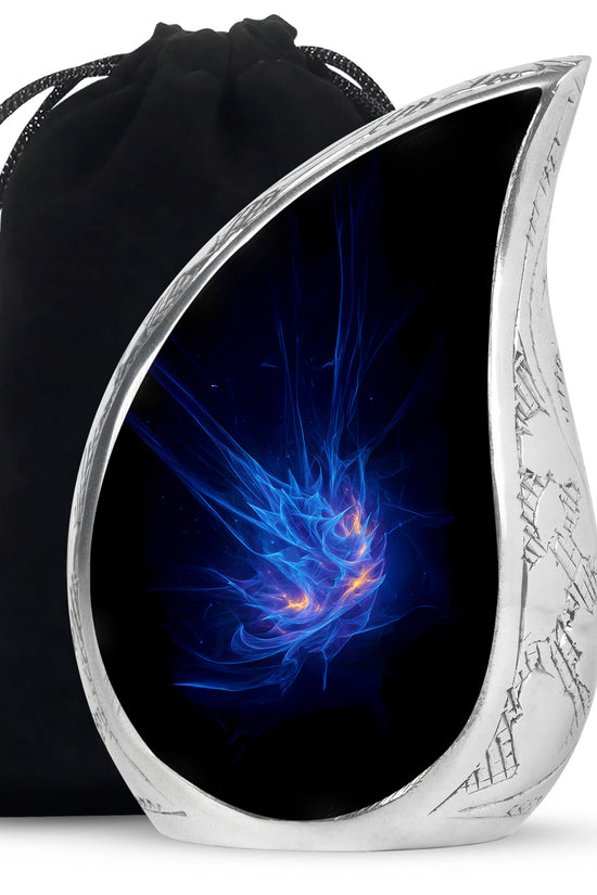 Misty Blue Blue Cremation Urn front view showing detailed design - rounded teardrop blue design with delicate detail - full-size 10 inch 200 cubic inch adult cremation urn