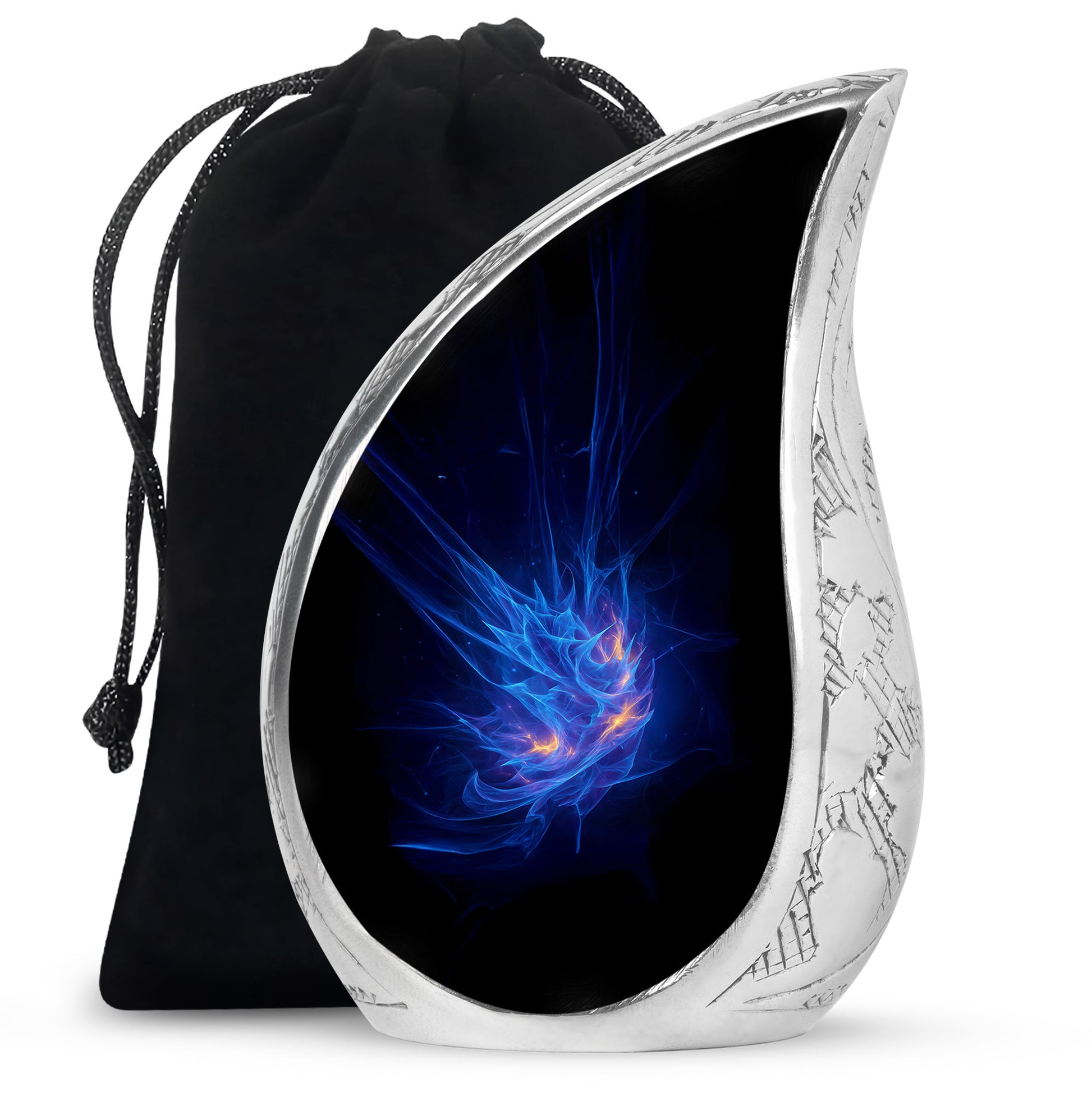 Misty Blue Blue Cremation Urn front view showing detailed design - rounded teardrop blue design with delicate detail - full-size 10 inch 200 cubic inch adult cremation urn