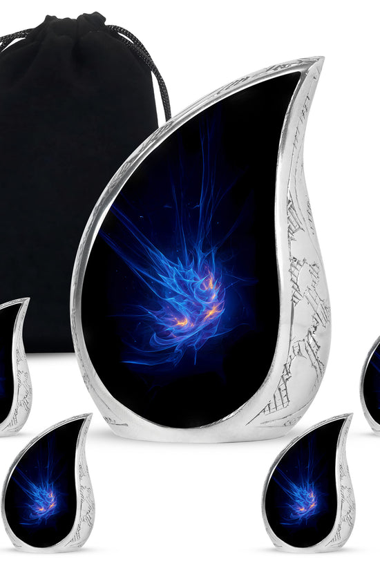 Steel Blue Blue Cremation Urn side profile showing urn shape - graceful tear-shaped urn with blue motif - memorial set with one large and four small urns