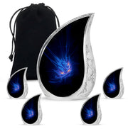 Steel Blue Blue Cremation Urn side profile showing urn shape - graceful tear-shaped urn with blue motif - memorial set with one large and four small urns