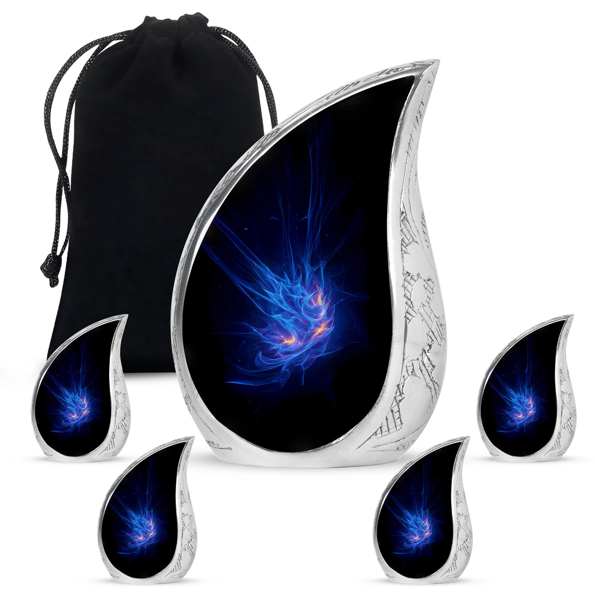 Steel Blue Blue Cremation Urn side profile showing urn shape - graceful tear-shaped urn with blue motif - memorial set with one large and four small urns