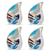 Soft Blue Blue Cremation Urn close-up of engraving and surface detail - graceful tear-shaped urn with blue motif - 10 inch aluminum urn for cremated remains