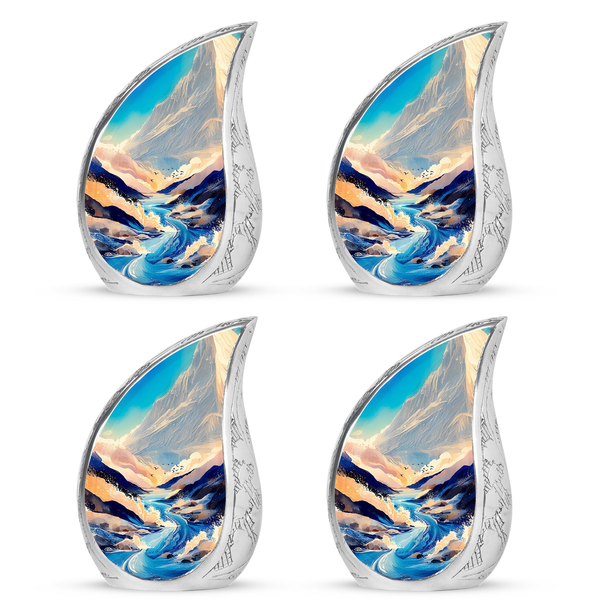 Soft Blue Blue Cremation Urn close-up of engraving and surface detail - graceful tear-shaped urn with blue motif - 10 inch aluminum urn for cremated remains