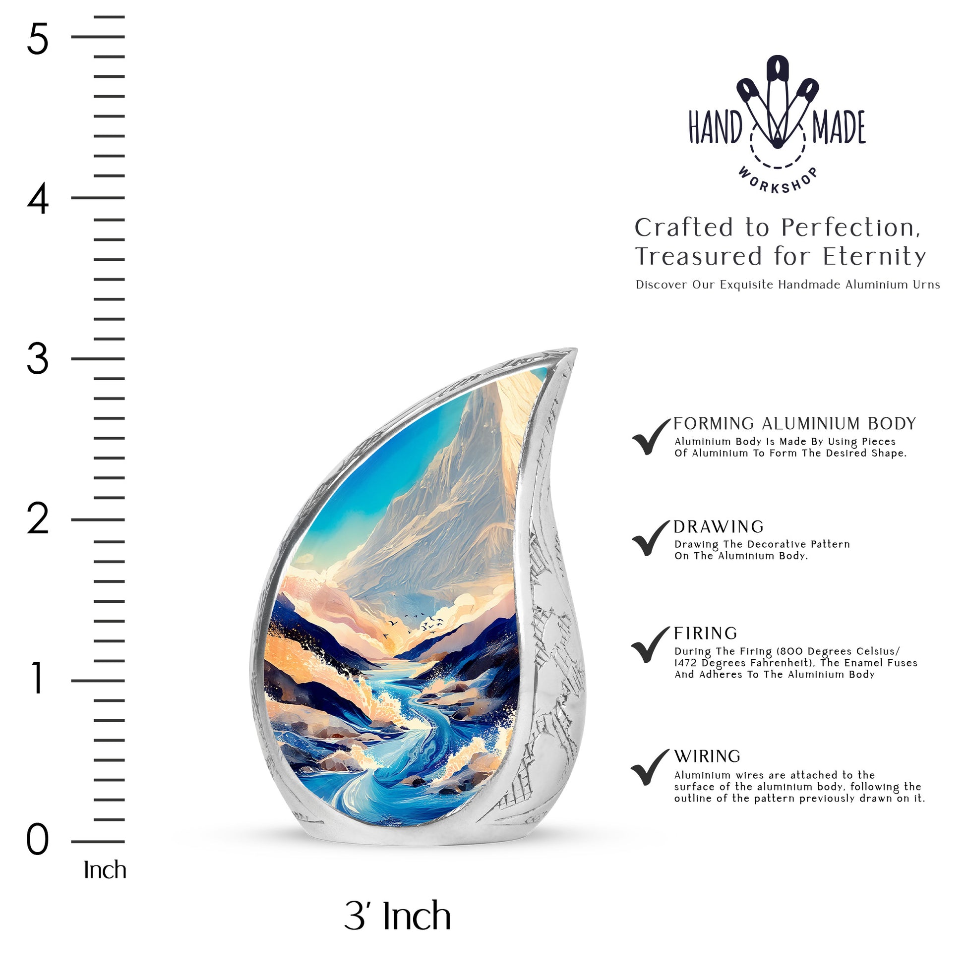 Steel Blue Blue Cremation Urn angled view of lid and engraved motif - smooth teardrop contour featuring blue art - mini keepsake memorial for portion of cremation ashes