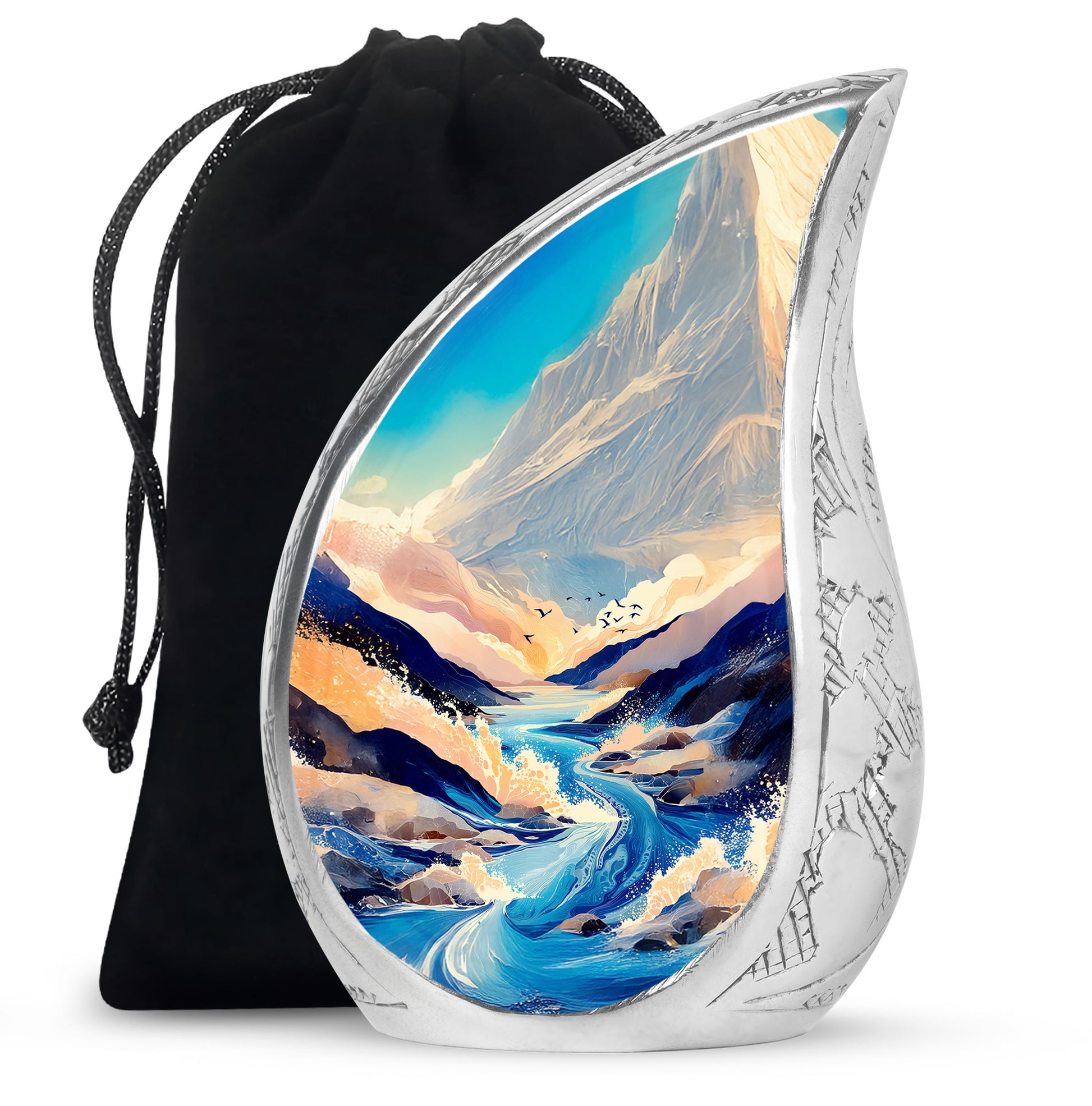 Royal Blue Blue Cremation Urn front view showing detailed design - smooth teardrop contour featuring blue art - full-size 10 inch 200 cubic inch adult cremation urn