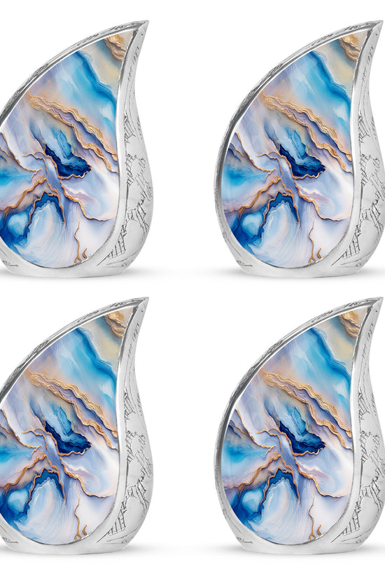 Soft Blue Blue Cremation Urn close-up of engraving and surface detail - graceful tear-shaped urn with blue motif - 10 inch aluminum urn for cremated remains