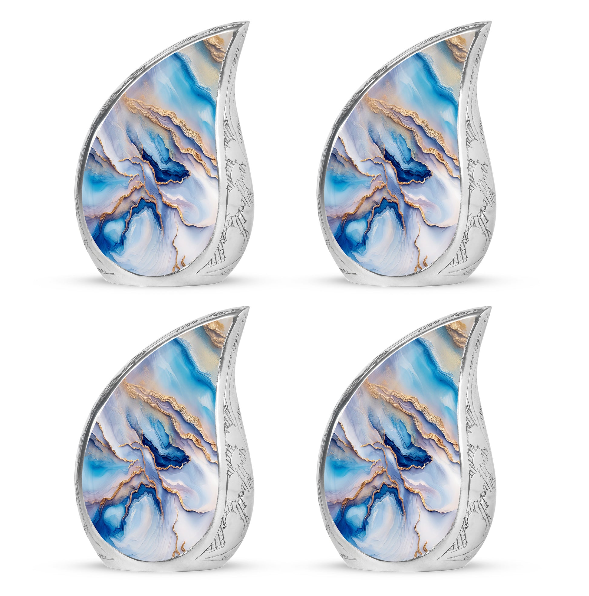 Soft Blue Blue Cremation Urn close-up of engraving and surface detail - graceful tear-shaped urn with blue motif - 10 inch aluminum urn for cremated remains