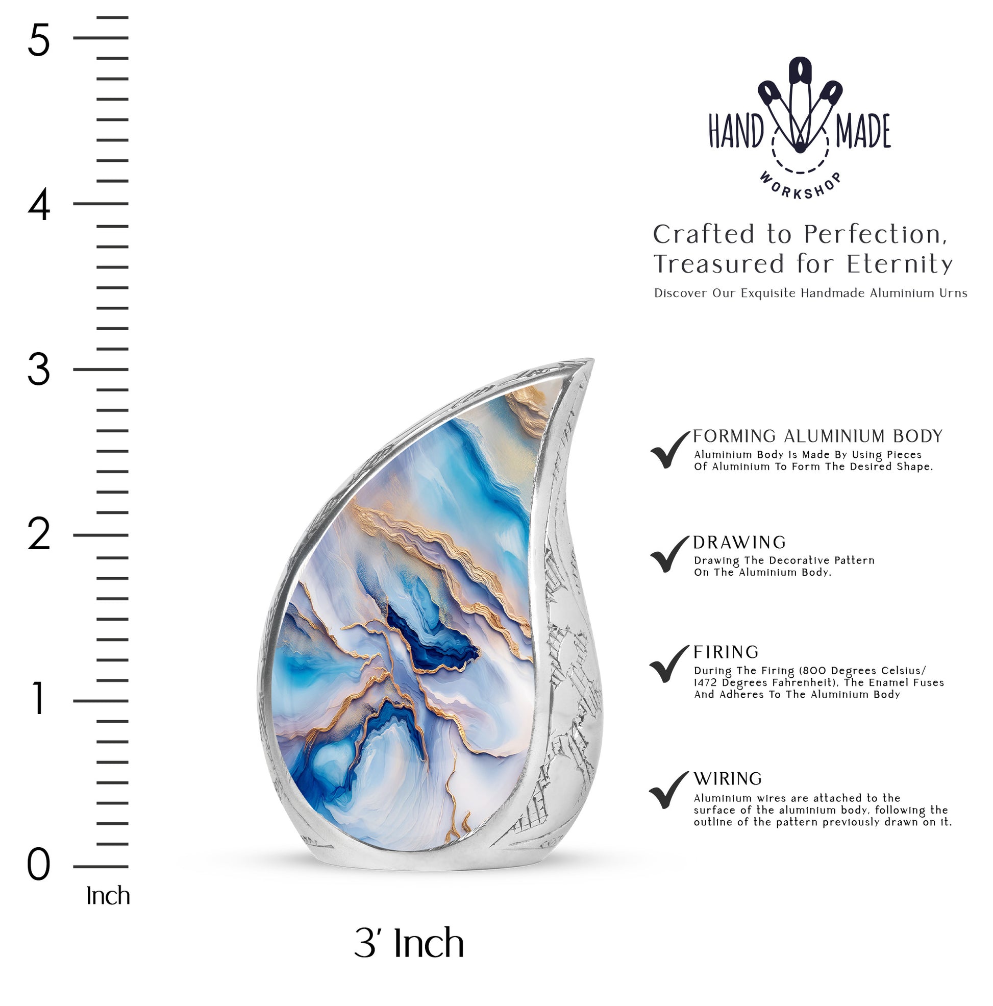 Cobalt Blue Blue Cremation Urn angled view of lid and engraved motif - graceful tear-shaped urn with blue motif - mini keepsake memorial for portion of cremation ashes