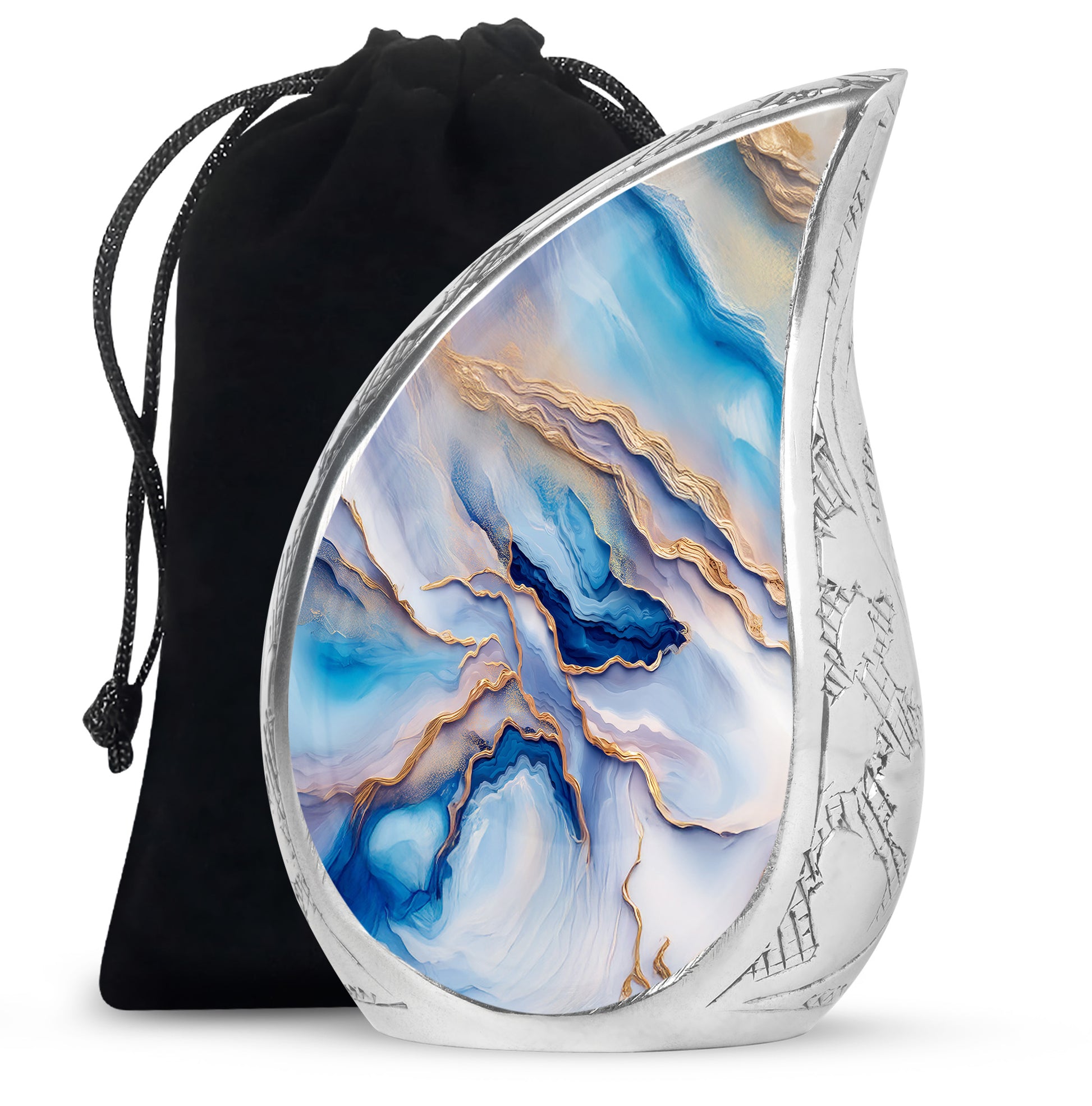 Icy Blue Blue Cremation Urn front view showing detailed design - flowing teardrop blue silhouette on curved aluminum - full-size 10 inch 200 cubic inch adult cremation urn