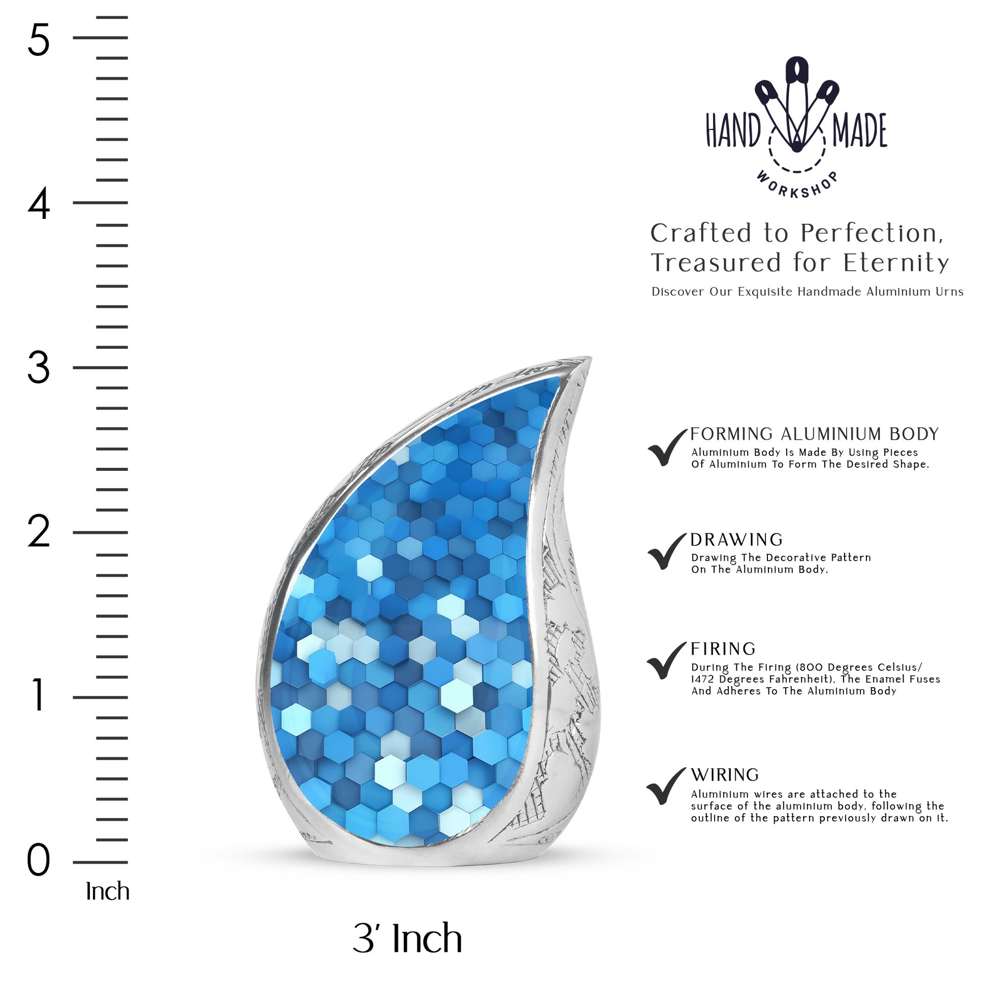 Powder Blue Blue Cremation Urn angled view of lid and engraved motif - rounded teardrop blue design with delicate detail - mini keepsake memorial for portion of cremation ashes