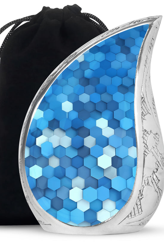 Azure Blue Cremation Urn front view showing detailed design - rounded teardrop blue design with delicate detail - full-size 10 inch 200 cubic inch adult cremation urn
