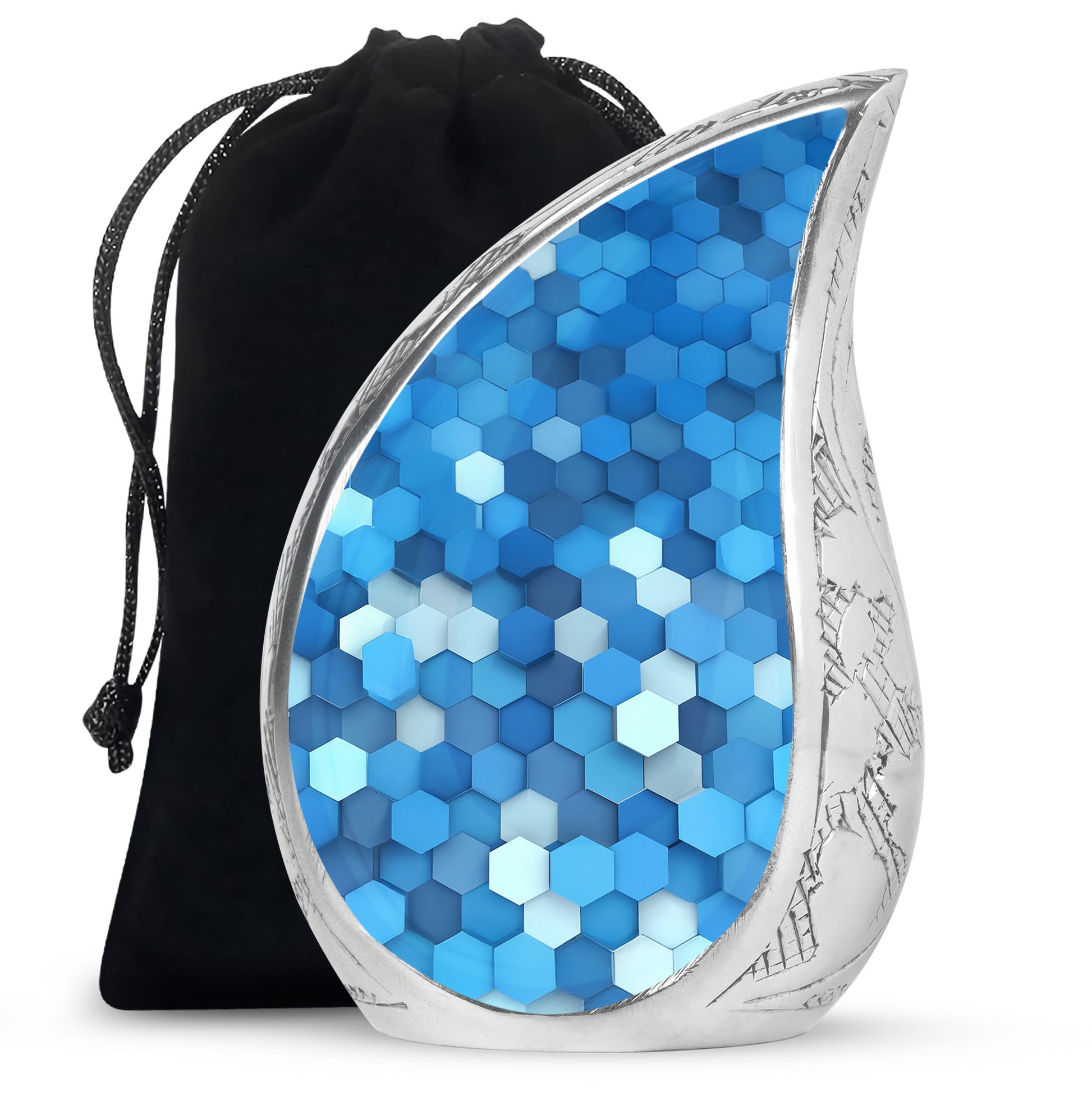 Azure Blue Cremation Urn front view showing detailed design - rounded teardrop blue design with delicate detail - full-size 10 inch 200 cubic inch adult cremation urn