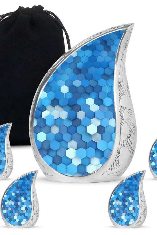 Bright Blue Blue Cremation Urn side profile showing urn shape - smooth teardrop contour featuring blue art - memorial set with one large and four small urns