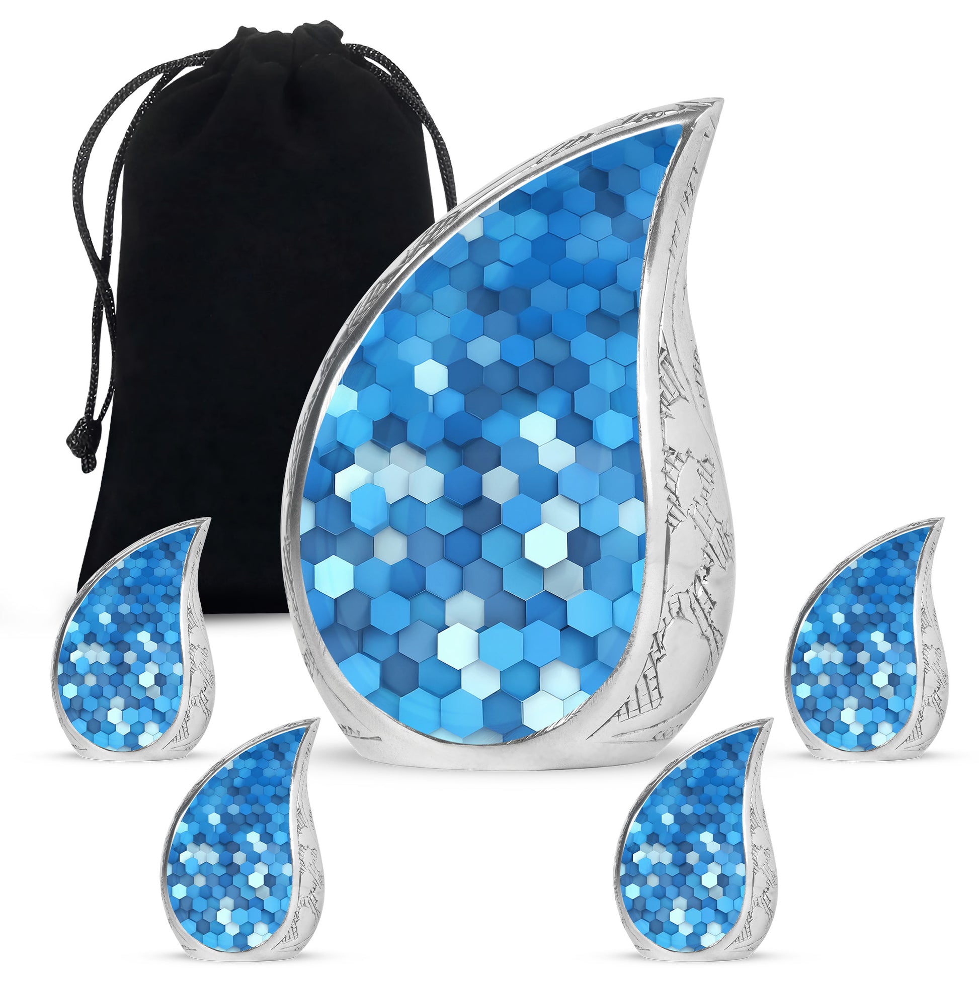 Bright Blue Blue Cremation Urn side profile showing urn shape - smooth teardrop contour featuring blue art - memorial set with one large and four small urns
