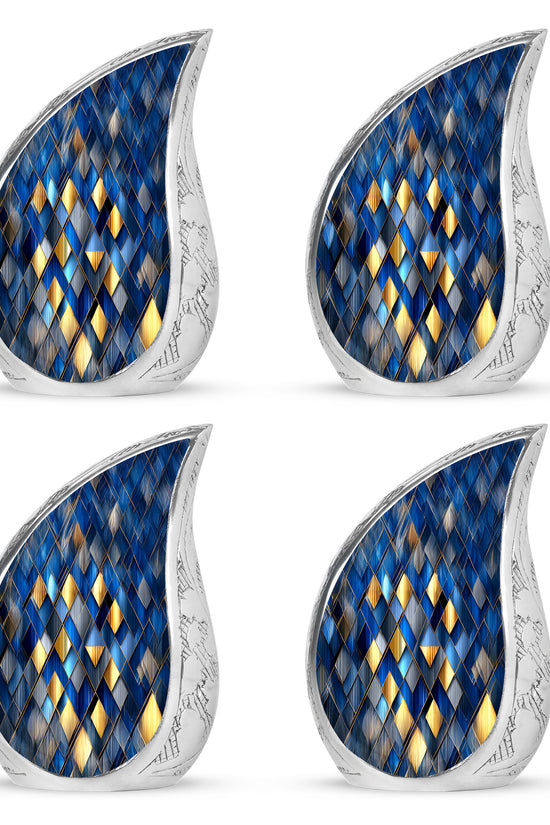Vivid Blue Blue Cremation Urn close-up of engraving and surface detail - smooth teardrop contour featuring blue art - 10 inch aluminum urn for cremated remains