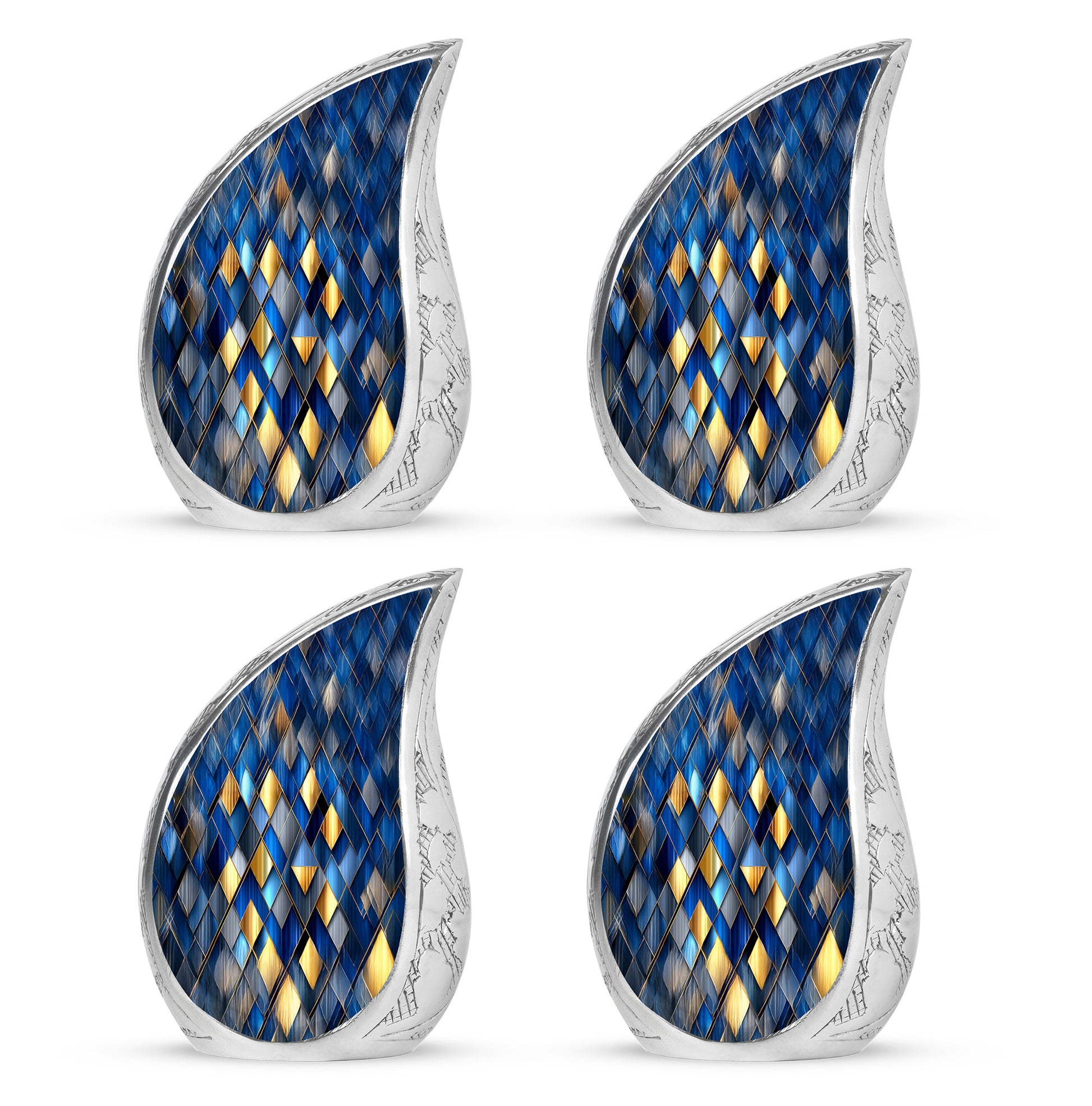 Vivid Blue Blue Cremation Urn close-up of engraving and surface detail - smooth teardrop contour featuring blue art - 10 inch aluminum urn for cremated remains